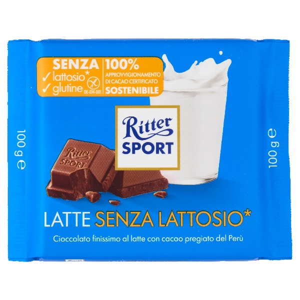 RITTER SPORT CHOCOLATE BAR LACTOSE FREE MILK CHOCOLATE 100 GR (12 in a box)