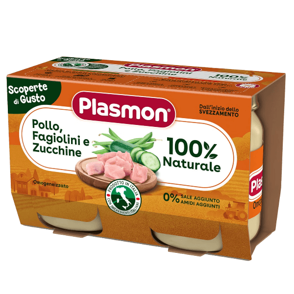 PLASMON HOMOGENIZED MEAT CHICKEN BEANS ZUCCHINI 120 GR X2 (12 in a box)