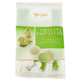 A package of Vergani Pralina Pistacchio (chocolate-covered pistachio ice cream dumplings) on a clean white background. The packaging is white and light green, featuring a photo of a green pistachio ice cream dumpling and a chocolate-covered dumpling with a green pistachio filling.