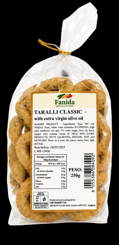 FANIDA TARALLI CLASSIC WITH EXTRA VIRGIN OLIVE OIL NO ALCOHOL 250 GR (16 in a box)