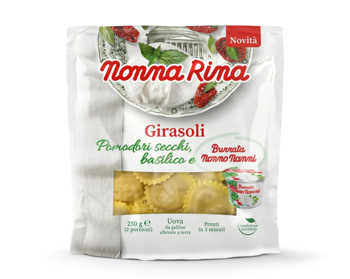 NONNA RINA STUFFED PASTA GIRASOLI WITH DRIED TOMATOES, BASIL AND BURRATA 250 GR (8 in a box)