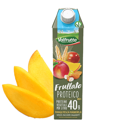 VALFRUTTA FRULLATO PROTEICO FRUIT JUICE FRUIT MANGO, PEACH AND ALMOND BRICK 1 LT (6 in a box)
