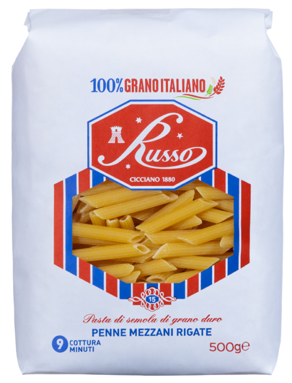 RUSSO PASTA DI SEMOLA PENNE MEZZANI RIGATE 500 GR (20 in a box)