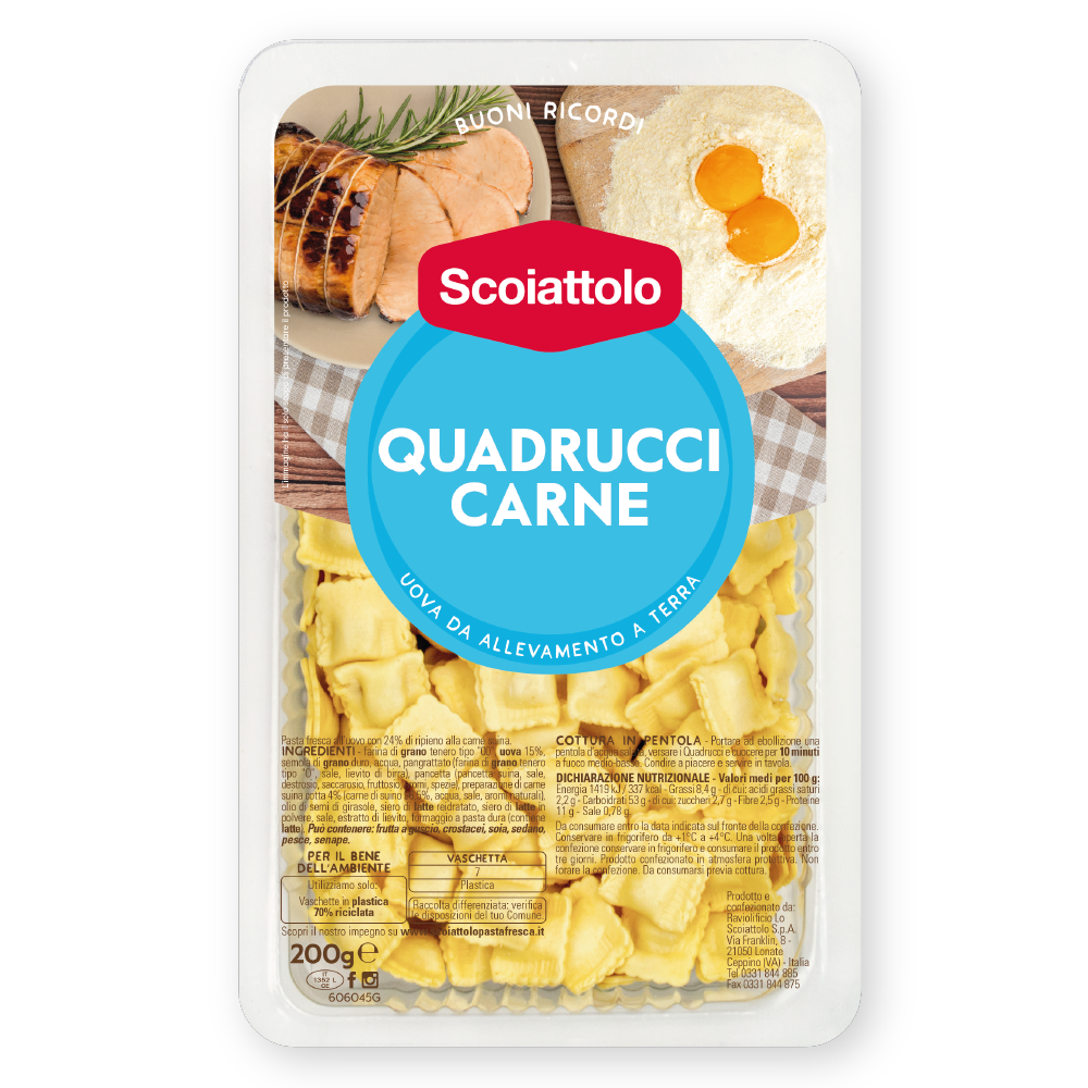 SCOIATTOLO STUFFED PASTA QUADRUCCI WITH MEAT 200 GR (9 in a box)