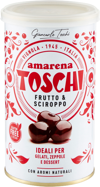 TOSCHI BLACK CHERRY FRUIT & SYRUP TIN 400 GR (12 in a box)