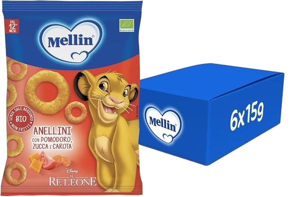 MELLIN CRISPS CEREALS SNACK ANELLINI TOMATOES PUMPKIN AND CARROTS 15 GR (6 in a box)