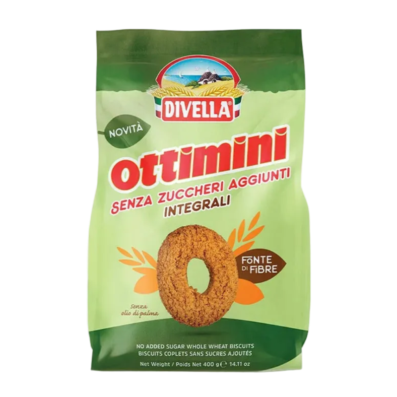 DIVELLA BISCOTTI WHOLEMEAL OTTIMINI INTEGRALI WITHOUT ADDED SUGAR 400 GR (18 IN A BOX)