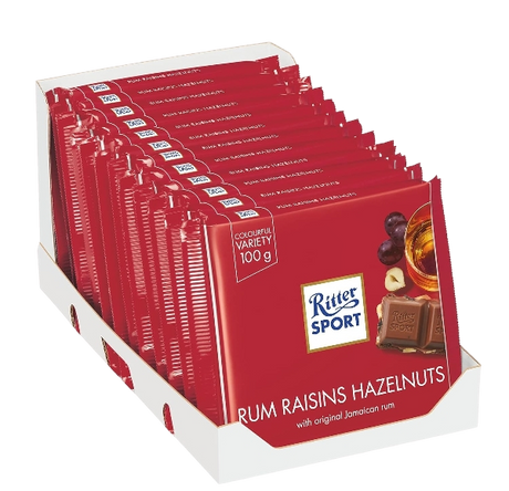 RITTER SPORT CHOCOLATE BAR RUM RAISINS AND HAZELNUTS 100 GR (12 in a box)