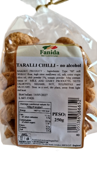 FANIDA TARALLI CHILI PEPPER WITH EXTRA VIRGIN OLIVE OIL NO ALCOHOL 250 GR (16 in a box)