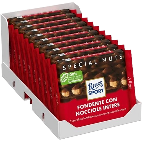 RITTER SPORT CHOCOLATE BAR DARK WHOLE HAZELNUTS 100 GR (10 in a box)