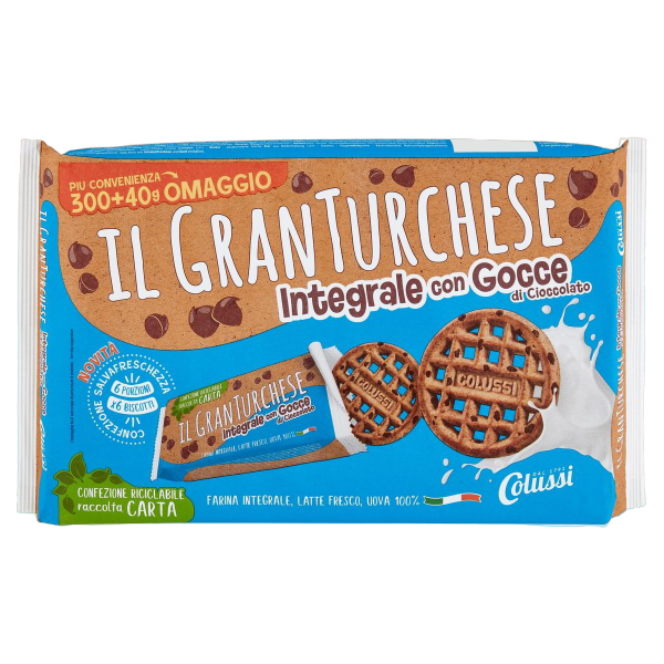 COLUSSI BISCOTTI WHOLEMEAL GRAN TURCHESE GOCCE CIOCCOLATO 340 GR (12 in a box)