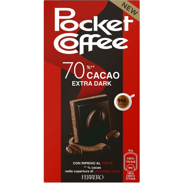 FERRERO POCKET COFFEE CHOCOLATE BAR EXTRA DARK 70% COCOA 90 GR (8 in a box)