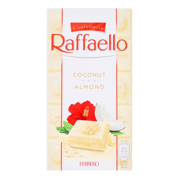 FERRERO CONFETTERIA RAFFAELLO CHOCOLATE BAR WHITE COCONUT & ALMOND 90 GR (8 in a box)