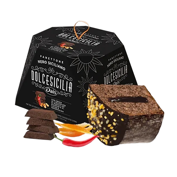 DAIS PANETTONE NERO SICILIANO DARK CHOCOLATE OF MODICA AND CHILI PEPPER 800 GR (12 in a box)
