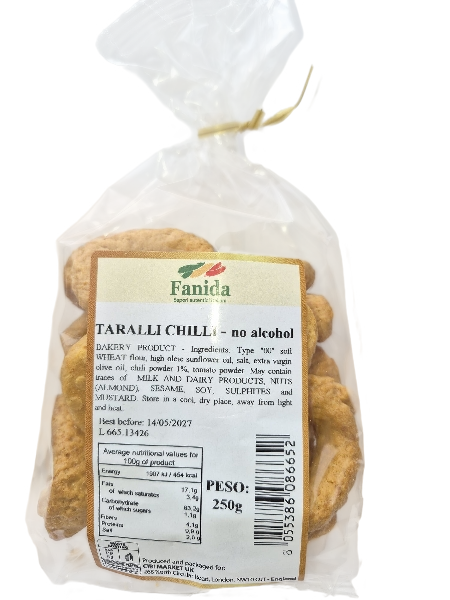 FANIDA TARALLI CHILI PEPPER WITH EXTRA VIRGIN OLIVE OIL NO ALCOHOL 250 GR (16 in a box)