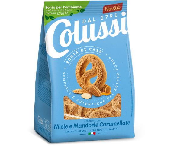 COLUSSI BISCOTTI FROLLINI TONDORLE MIELE E MANDORLE CARAMELLATE 500 GR (8 in a box)