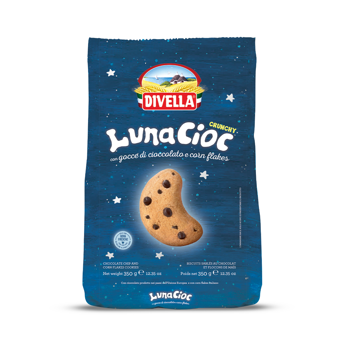 DIVELLA BISCOTTI LUNACIOC CRUNCHY DROPS OF CHOCOLATE 350 GR (12 IN A BOX)