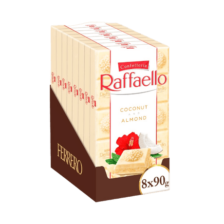 FERRERO CONFETTERIA RAFFAELLO CHOCOLATE BAR WHITE COCONUT & ALMOND 90 GR (8 in a box)