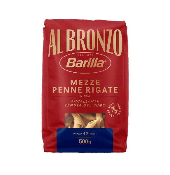 BARILLA PASTA DI SEMOLA AL BRONZO MEZZE PENNE RIGATE N.354 500 GR (18 in a box)