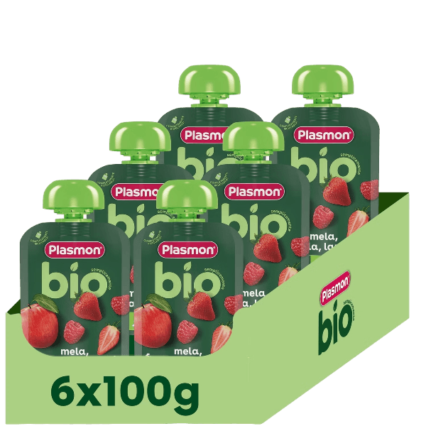 PLASMON FRUIT JUICE BIO POUCH STRAWBERRY APPLE & RASPBERRY 100 ML (6 in a box)