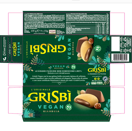 GRISBI' BISCOTTI VEGAN STUFFED CREAM GIANDUIA 135 GR (12 in a box)