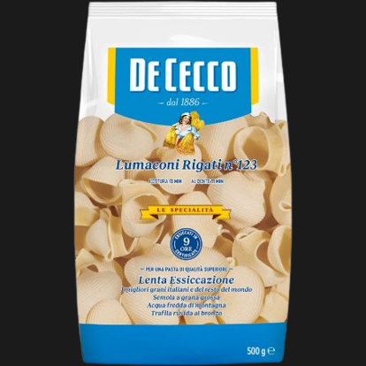 DE CECCO PASTA DI SEMOLA FORMATI SPECIALI LUMACONI RIGATI N.123 500 GR (12 in a box)