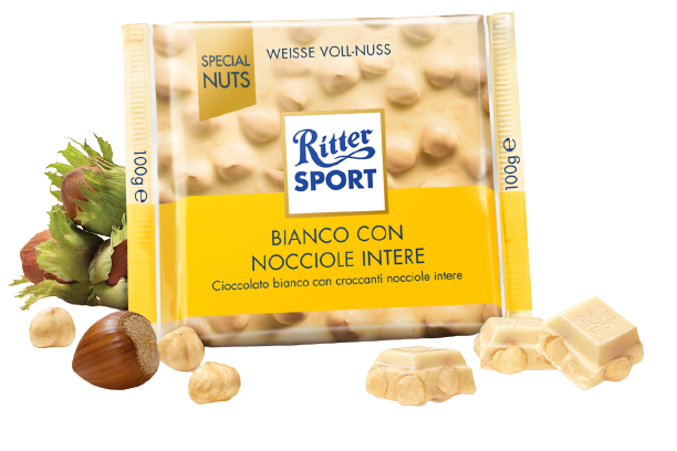 RITTER SPORT CHOCOLATE BAR WHITE WHOLE HAZELNUTS 100 GR (10 in a box)