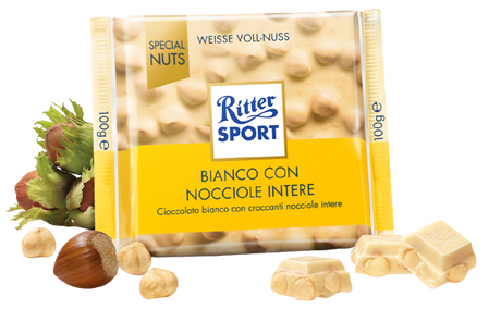 RITTER SPORT CHOCOLATE BAR WHITE WHOLE HAZELNUTS 100 GR (10 in a box)