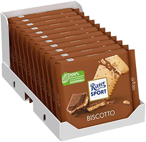 RITTER SPORT CHOCOLATE BAR MILK BISCUITS 100 GR (11 in a box)