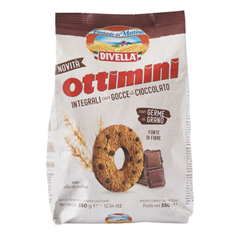 DIVELLA BISCOTTI WHOLEMEAL OTTIMINI WITH DROPS OF CHOCOLATE 350 GR (18 IN A BOX)