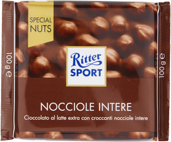 RITTER SPORT CHOCOLATE BAR MILK EXTRA WHOLE HAZELNUTS 100 GR (20 in a box)