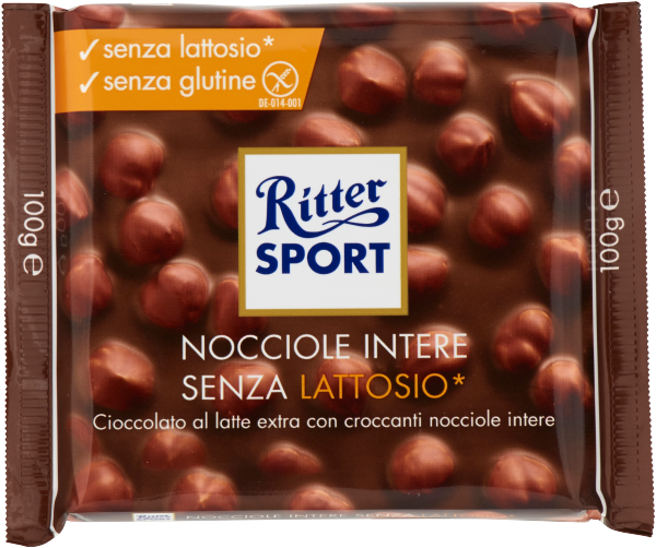 RITTER SPORT CHOCOLATE BAR LACTOSE FREE WHOLE HAZELNUTS 100 GR (10 in a box)