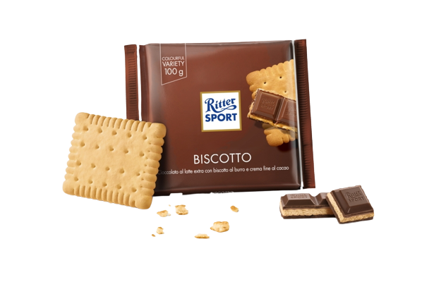 RITTER SPORT CHOCOLATE BAR MILK BISCUITS 100 GR (11 in a box)